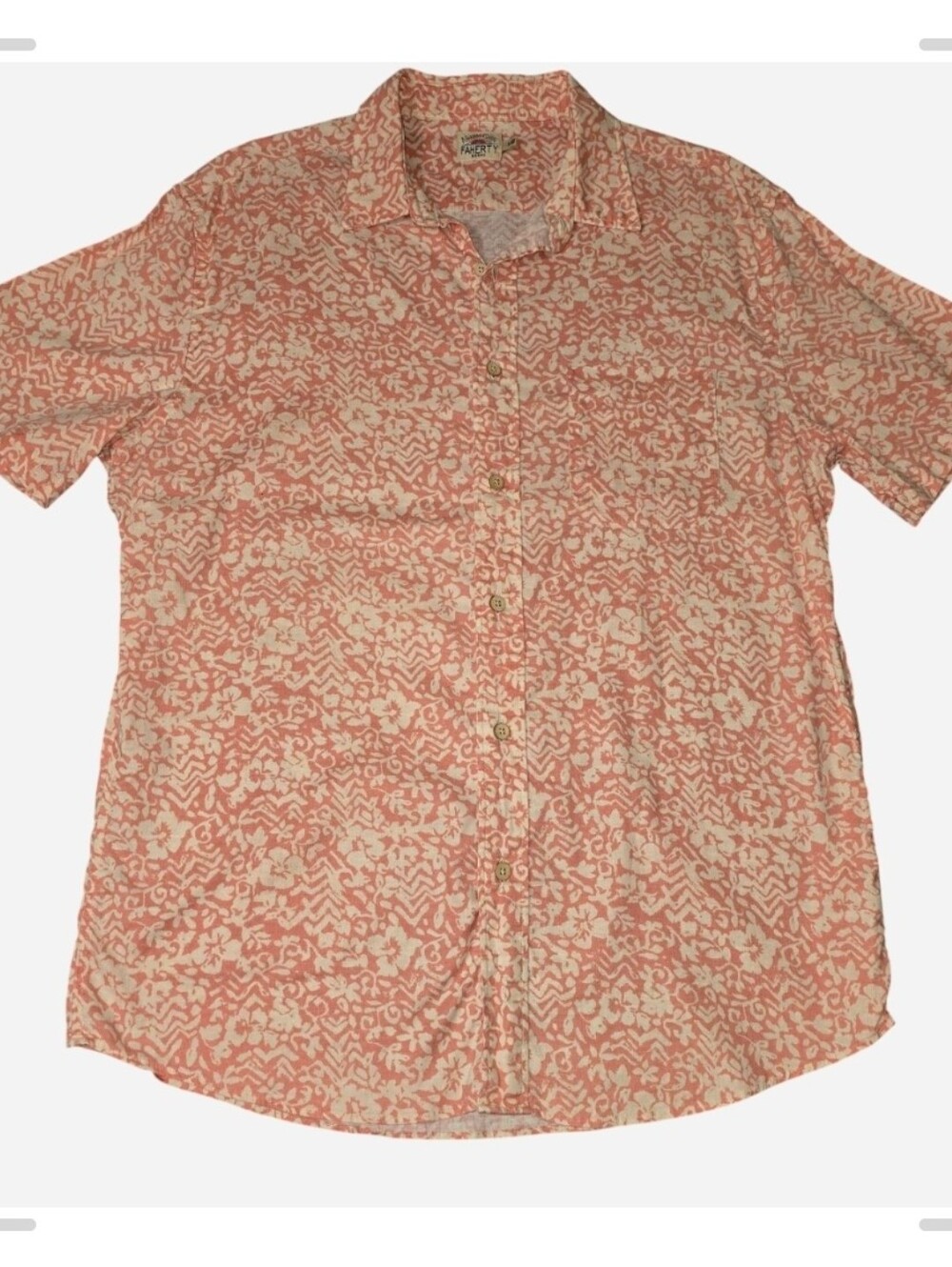 Faherty Coral and Cream Floral Short-Sleeve Button-Down Shirt